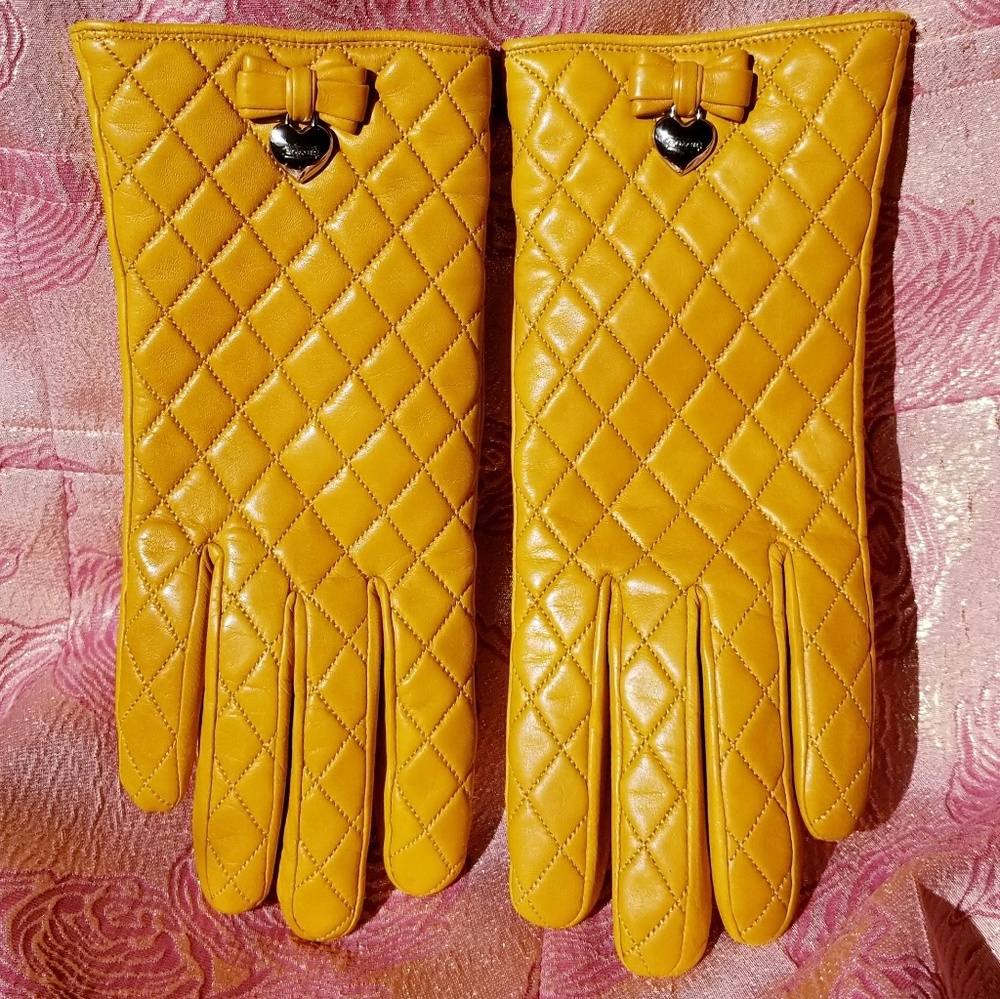 COACH Quilted Bow Yellow Lambskin Wool Gloves 7.5